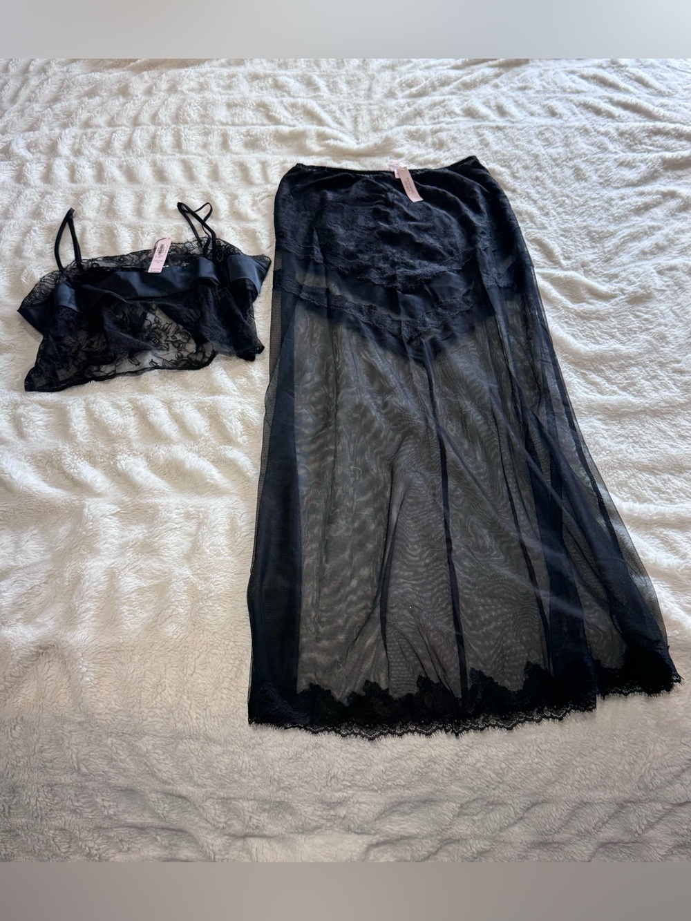 Victoria’s Secret Black Lace 2 Piece Lingerie Set S NWT Sheer Maxi Skirt Top